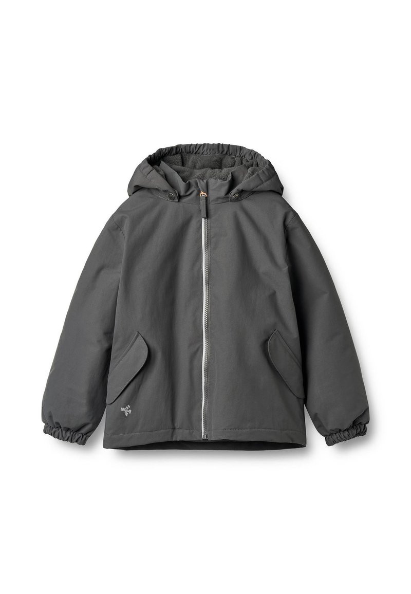 Szara kurtka z kapturem, elastycznymi mankietami i dwoma przednimi kieszeniami. Posiada zamek błyskawiczny na całej długości oraz miękką podszewkę wewnętrzn�ą.