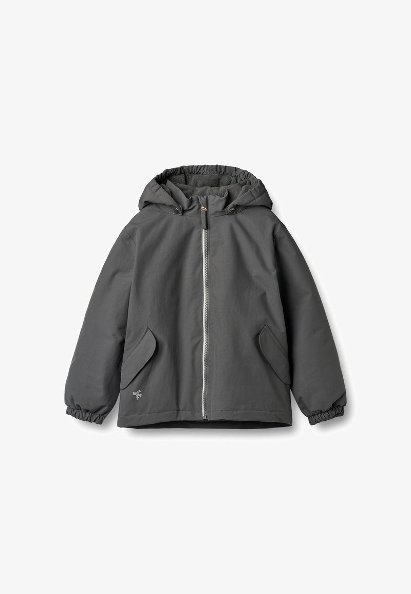 Giacca grigia con cappuccio, polsini elasticizzati e due tasche frontali. Dotata di una cerniera lunga e di una morbida fodera interna.