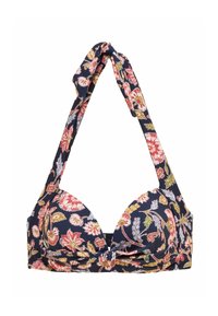 Námornícky kvetovaný halter bikiny top s vypchávkami a nastaviteľným viazaním na krku, s kvetinovými vzormi v ružovej, červenej, modrej a zelenej farbe.