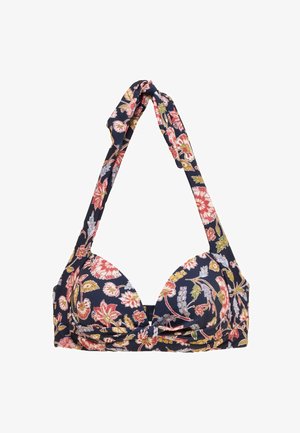 Navy kukkakuosiset halterneck-bikinisit, joissa on pehmustetut kupit ja säädettävä solmittava kaulushihna, joissa on vaaleanpunaisia, punaisia, sinisiä ja vihreitä kukkakuvioita.