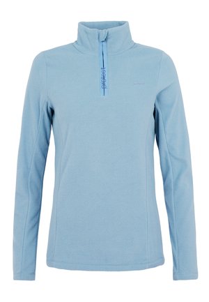 Hellblauer Fleece-Pullover mit einem halbseitigen Reißverschlusskragen, der eine glatte Textur und ein dezentes Logo in einem dunkleren Blauton aufweist.
