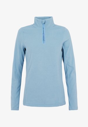 Pullover in fleece azzurro chiaro con colletto a mezza zip, caratterizzato da una texture liscia e un logo sottile di una tonalità di blu più scura.