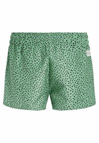 Groene zwemshorts van soepel materiaal, met een zwart gespikkeld patroon, een elastische tailleband en een klein merkembleem op de zijkant.