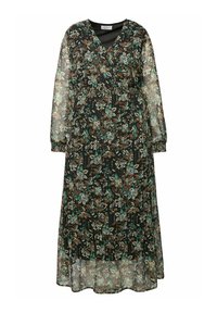 Longue robe noire transparente avec imprimé floral turquoise, marron et blanc, manches longues, encolure en V, taille élastique et poignets smockés.