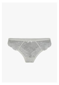 String en dentelle gris clair, présentant des motifs floraux et des bords décoratifs en boucle. Fini avec un petit nœud en satin à l'avant.