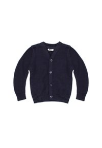 Cardigan lavorato a maglia blu navy con scollo a V, chiusura a cinque bottoni, polsini e orlo a costine e dettagli testurizzati sottili.