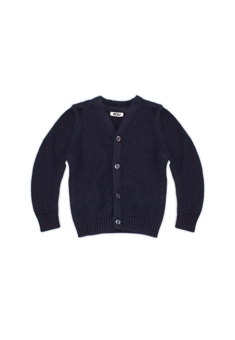 Cardigan lavorato a maglia blu navy con scollo a V, chiusura a cinque bottoni, polsini e orlo a costine e dettagli testurizzati sottili.