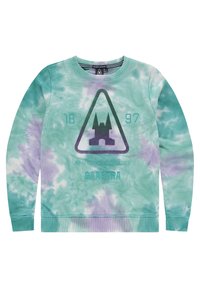 Sudadera de teñido anudado en verde y morado con cuello redondo. Presenta un logo triangular y el texto "1897". Fabricada con un tejido suave y con puños acanalados.