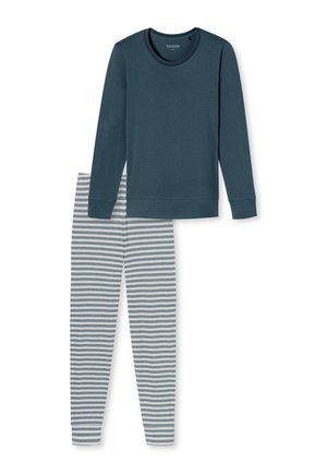 Set per dormire composto da due pezzi: maglia blu scuro a maniche lunghe con collo rotondo, abbinata a pantaloni grigi e bianchi a righe, realizzati in un morbido misto cotone.