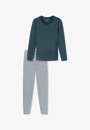 Set per dormire composto da due pezzi: maglia blu scuro a maniche lunghe con collo rotondo, abbinata a pantaloni grigi e bianchi a righe, realizzati in un morbido misto cotone.