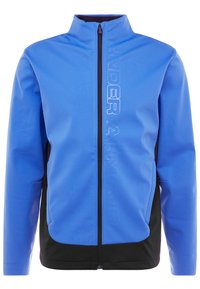 Blauwe sportjack met hoge kraag, voorkant met ritssluiting, Under Armour-logo in het wit, en zwarte accenten aan de zijkanten. Gemaakt van gladde, duurzame stof.