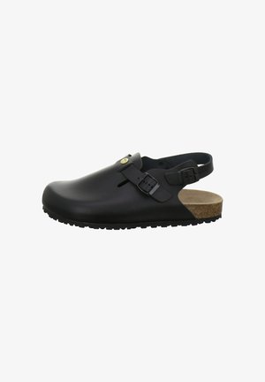 Black leather clog with adjustable straps, a cork footbed, and a textured sole.
