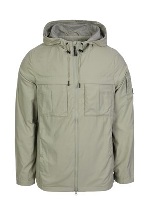 Hellgrüne Kapuzenjacke aus weichem Stoff, mit einem Reißverschluss auf der Vorderseite, zwei Brusttaschen und verstellbaren Kordeln an der Kapuze.