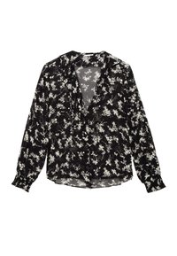 Black blouse with white floral pattern, long sleeves, button-down front, and a soft, lightweight fabric. Features a notch collar and gathered cuffs.