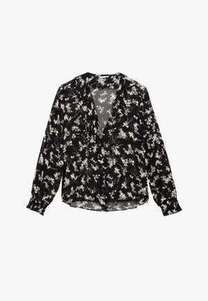 Zwarte blouse met wit bloemenpatroon, lange mouwen, knopen aan de voorkant en een zachte, lichte stof. Heeft een notch-kraag en verzamelde manchetten.