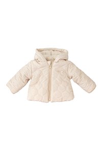 Chaqueta de abrigo acolchada color beige con capucha, que presenta un patrón a cuadros, cremallera frontal y forro de felpa. Textura suave con mangas cortas.