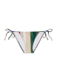 Bikini-Höschen mit multicolor gestreift in Grün, Beige, Weiß und Rot. Besitzt Bindebänder an beiden Seiten. Hergestellt aus glattem Stoff.