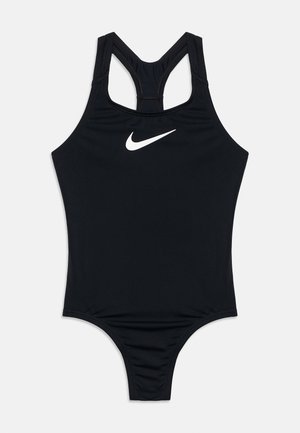 Black Nike one-piece swimsuit with racerback design and white swoosh logo on chest against a plain background.