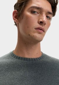 Maglione grigio a maglia con scollatura tonda, texture morbida e colletto leggermente costolato. La vista ravvicinata si concentra sulla parte superiore dell'indumento e sul collo.