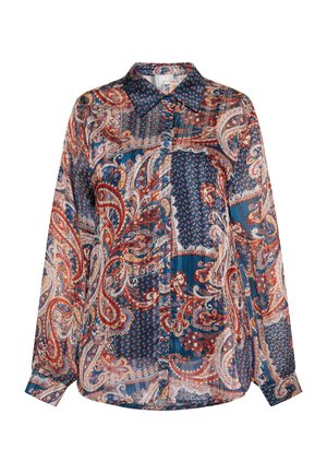 Srajca z dolgimi rokavi, z gumbi, iz lahkotnega, vzorčnega blaga, ki vsebuje paisley in geometrijske vzorce v modri, rdeči in krem barvi.