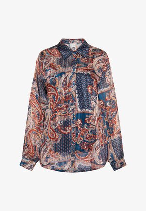Hosszú ujjú, gombos ing könnyű, mintás szövetből, amely kék, piros és krém színű paisley és geometriai mintákat tartalmaz.