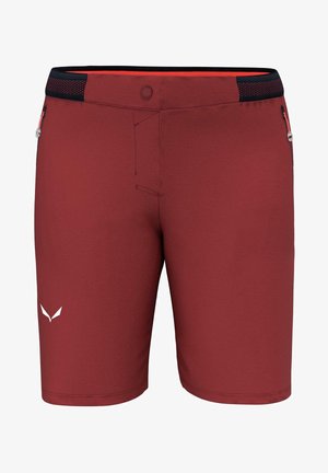 Pantaloni corti color bordeaux con una texture liscia, una vita aderente caratterizzata da rete nera, tasche laterali con zip e un accento del logo bianco sulla gamba sinistra.