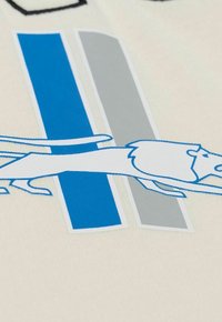 Light cream fabric featuring a stylized blue and gray lion graphic, accented by a bold blue vertical stripe.