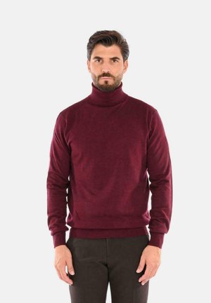 Maglione a collo alto bordeaux con una trama morbida, maniche lunghe e polsini e orlo a coste, indossato con pantaloni scuri.
