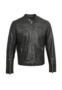 Černá kožená bunda s výstuží, dvěma zipovými náprsními kapsami a dvěma zipovými bočními kapsami. Vyznačuje se hladkým povrchem a přiléhavým střihem.