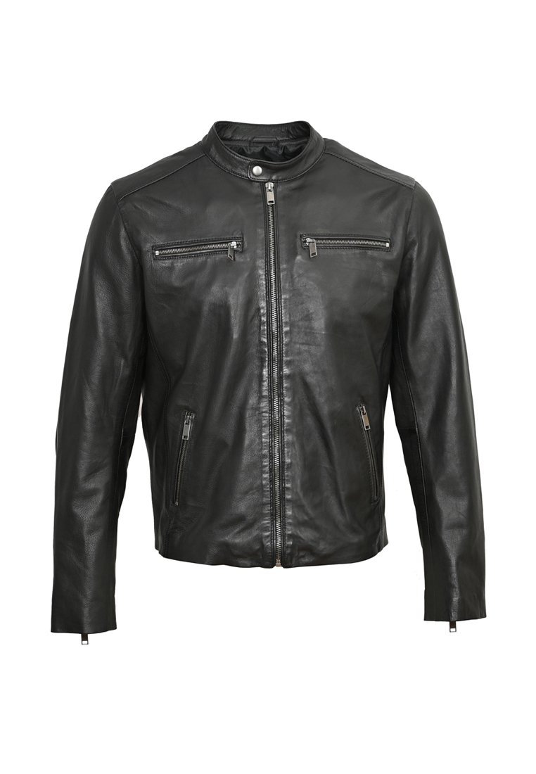 Černá kožená bunda s výstuží, dvěma zipovými náprsními kapsami a dvěma zipovými bočními kapsami. Vyznačuje se hladkým povrchem a přiléhavým střihem.