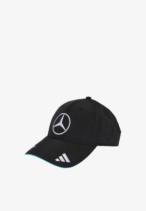 Black cap made of fabric, featuring a large white Mercedes-Benz logo on the front and three white stripes on the side.