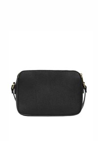 Czarna, teksturowana skórzana torba na ramię, prostokątna forma, zamknięcie na zamek od góry, regulowany pasek, złote akcenty metalowe.