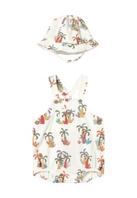 Mono de algodón blanco y sombrero de cubo a juego, ambos con estampados coloridos de palmeras y animales. Incluye un bolsillo y botones para el cierre.