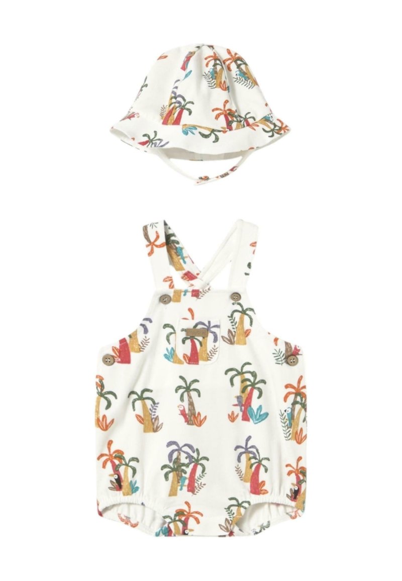Mono de algodón blanco y sombrero de cubo a juego, ambos con estampados coloridos de palmeras y animales. Incluye un bolsillo y botones para el cierre.