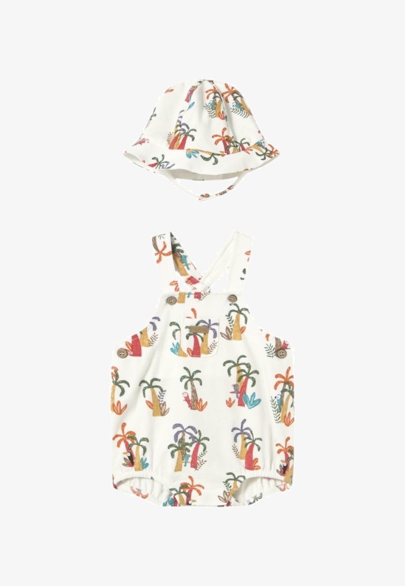 Mono de algodón blanco y sombrero de cubo a juego, ambos con estampados coloridos de palmeras y animales. Incluye un bolsillo y botones para el cierre.