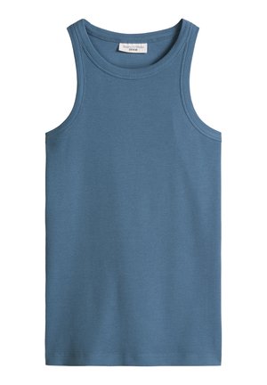 Débardeur bleu côtelé sans manches avec encolure ronde et étiquette Marc O'Polo Denim à l'intérieur du col.