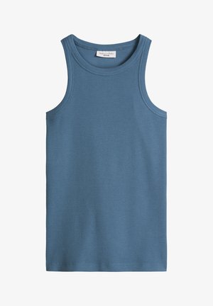 Débardeur bleu côtelé sans manches avec encolure ronde et étiquette Marc O'Polo Denim à l'intérieur du col.