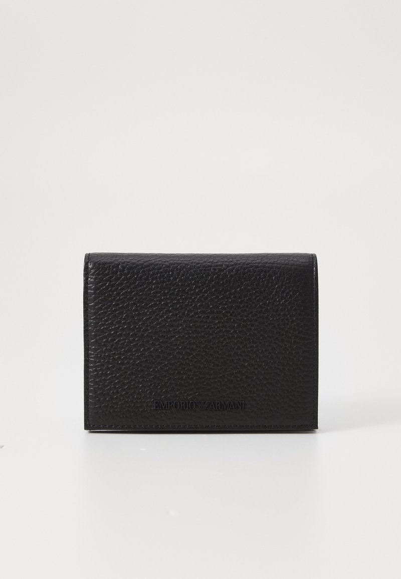 Black leather wallet with a textured finish, featuring a fold-over design and embossed brand logo on the front. Compact size.