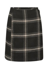 Zwarte en beige geruite minirok van textured stof, met een hoge taille en een rechte silhoutte met contrasterende stiksels.