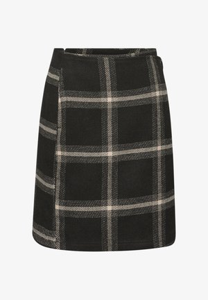 Zwarte en beige geruite minirok van textured stof, met een hoge taille en een rechte silhoutte met contrasterende stiksels.