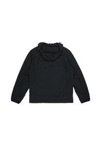 Zwarte gewatteerde jas met een capuchon, voorzien van lange mouwen en elastische manchetten. Glad textuur met minimale stiksels op de rug.