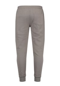 Pantalones de chándal grises con una cinturilla acanalada, puños ajustados y un bolsillo trasero. El material parece suave con una textura lisa.