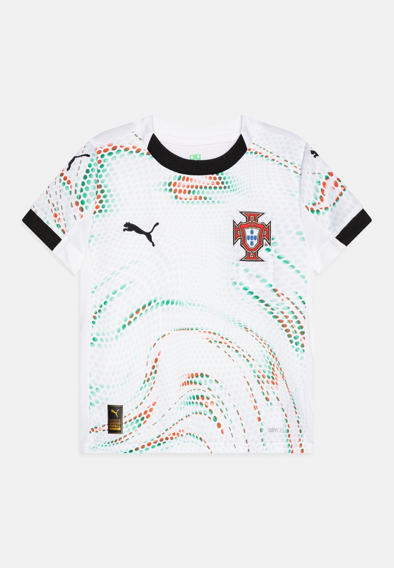 Maglietta da calcio bianca con un motivo a vortice verde e arancione, dettagli neri, maniche corte e un emblema della nazionale portoghese. Realizzata in poliestere.
