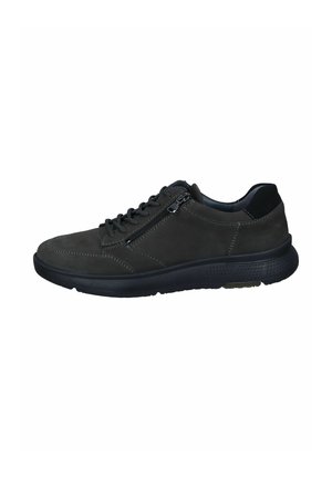 Dunkelgraue Leder-Sneaker mit strukturierter Oberfläche, Schnürung vorne, seitlichem Reißverschluss und einer gepolsterten schwarzen Sohle. Minimalistisches Design.