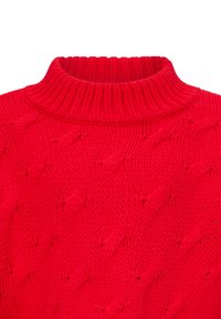 Maglione rosso a maglia con colletto alto, caratterizzato da un motivo a trecce testurizzato su tutta la superficie. Il tessuto è spesso e confortevole, ideale per i climi freddi.
