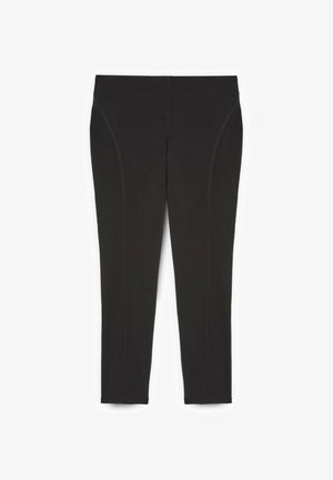 Schwarze Leggings aus dehnbarem Stoff mit glatter Oberfläche, breitem Bund und Seitennähten für eine maßgeschneiderte Passform.
