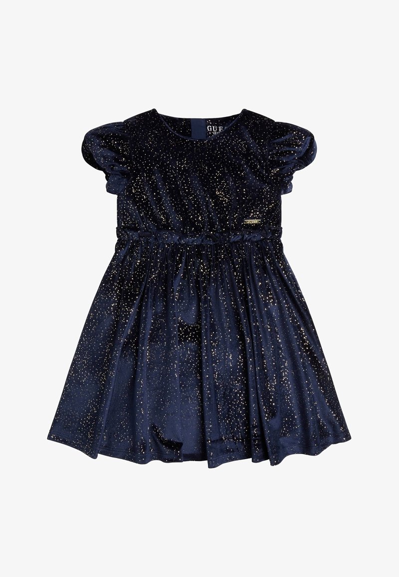 Robe pour tout-petit en velours bleu marine avec manches courtes bouffantes et motif tacheté doré, taille froncée et petite plaque de marque sur la poitrine.