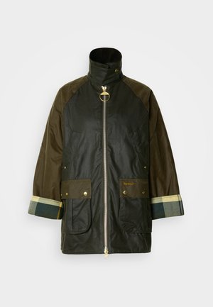Woskowana bawełniana kurtka w kolorze czarnym i ciemnozielonym, z zamkiem błyskawicznym, dwoma przednimi kieszeniami, prążkowanym kołnierzem i mankietami w kratę. Akcenty w kolorze złotym.