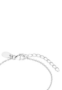 Bracciale in argento con chiusura a moschettone, lunghezza regolabile con piccoli anelli e un dettaglio a charm ovale liscio.