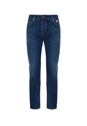 Donkerblauwe jeans met rechte pijpen, voorzakken, riemlussen, knoopsluiting en subtiel vervagen op de dijen.